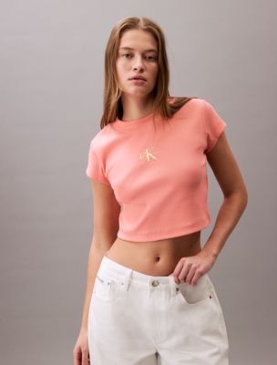 Monogram Logo Ribbed Baby Tee, Powder Orange