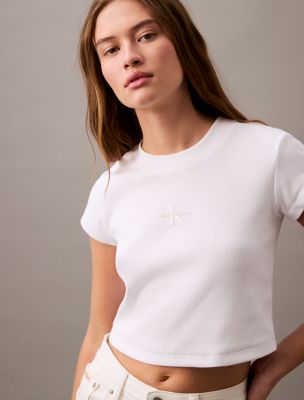 Monogram Logo Ribbed Baby Tee, Brilliant White