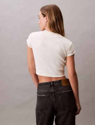 売れ筋商品|||カルバンクライン カットソー トップス レディース Women's Monogram Logo Baby T-Shirt Brilliant White モノグラム ロゴ ベイビーTシャツ（Tシャツ/カットソー
