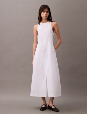 Cotton Poplin Sleeveless Midi Dress, Brilliant White