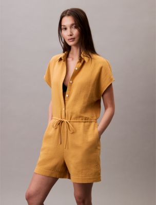 Cotton Viscose Gauze Romper, Amber Gold