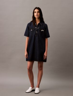 Relaxed Denim Mini Shirt Dress, Dark Blue