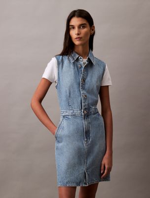 white christmas dresses Denim Button Down Sleeveless Dress – Rhinestone Angel
