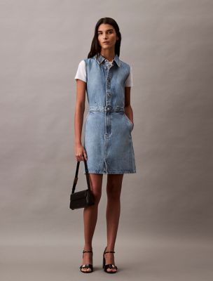 Sleeveless Denim Button-Down Dress, Sage Stone