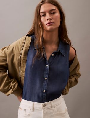 Sleeveless Denim Button-Down Shirt, Blue Ocean