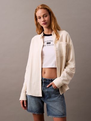 Double Gauze Roll Tab Button-Down Shirt, Chalk