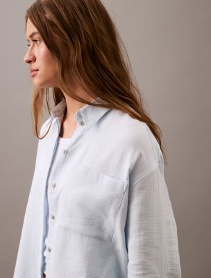 売れ筋商品|||カルバンクライン カットソー トップス レディース Women's Double Gauze Roll-Tab-Sleeve Button-Down Shirt Hay Calvin Klein Jeans Women's Double Gauze Roll-Tab-Sleeve