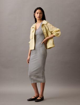 Ribbed Stripe Slim Midi Dress, Baritone Blue Stripe