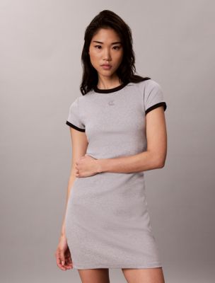 Cotton Contour Rib Monogram Mini Dress, Heroic Grey Heather