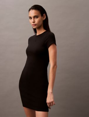 Cotton Contour Rib Monogram Logo Mini Dress, Black
