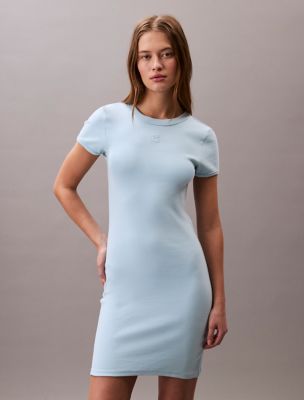 Cotton Contour Rib Monogram Logo Mini Dress, Cool Blue