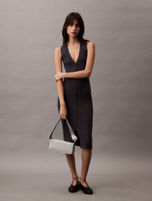 Cotton Rib V-Neck Polo Dress, Ebony