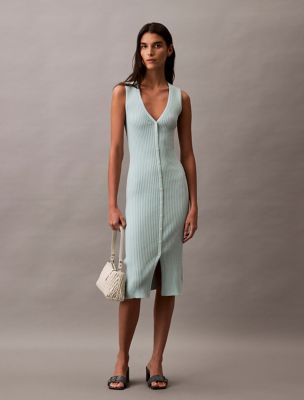 Smooth Cotton Rib Sweater Midi V-Neck Dress, Blue Haze