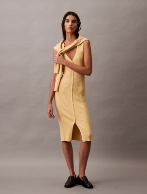 Smooth Cotton Rib Sweater Midi V-Neck Dress, Sahara Sun
