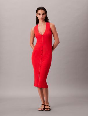 Cotton Rib V-Neck Polo Dress, Red Alert