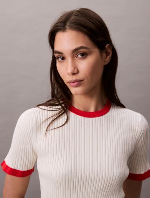 Cotton Ribbed Slim T-Shirt , Tofu / Red Alert