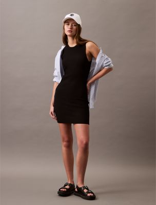 Ribbed Sleeveless Mini Dress, Black