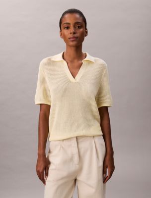 Open Knit Relaxed Polo Sweater, Buttercream