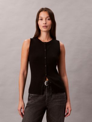 Smooth Cotton Rib Sweater Tank, Black