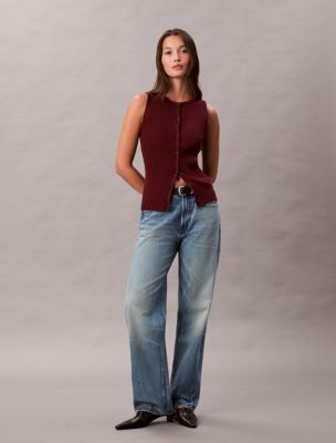 Smooth Cotton Rib Sweater Tank, Deep Rouge