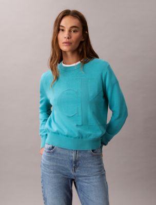 Smooth Cotton Monogram Logo Sweater, Tuscan Teal