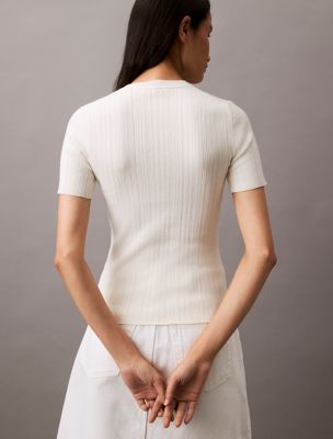 ★ ★ CK Women White Verigated Ribbed Woven Tab T Variegated Rib Slim T-Shirt | Calvin Klein