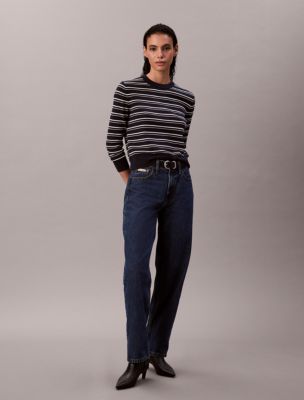 Smooth Cotton Stripe Crewneck Sweater, Dark Sapphire Stripe Combo