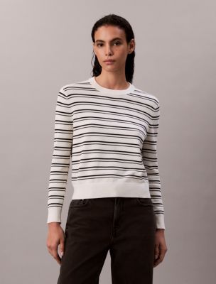 Smooth Cotton Stripe Crewneck Sweater, Tofu Stripe Combo