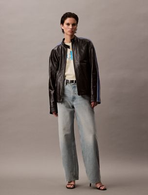 Relaxed Leather Zip Jacket, Black/Déjà Vu Blue