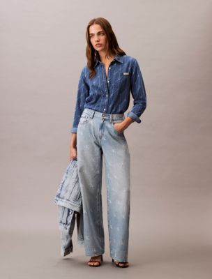 Monogram Logo Print Denim Button-Down Shirt, Medium Seneca