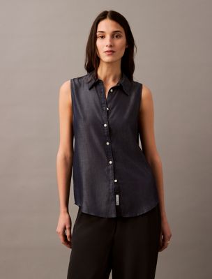 Sleeveless Denim Button-Down Shirt, Navy Indigo