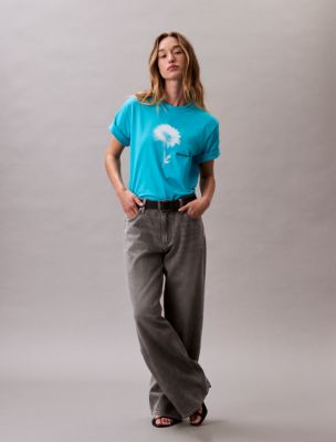 Faded Flower Graphic Boxy T-Shirt, Scuba Blue