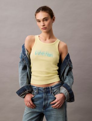 Cotton Contour Rib Logo Graphic Tank, Elfin Yellow