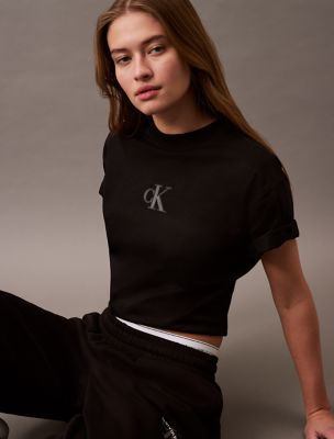 T-shirt trois-quarts décontracté à monogramme, noir