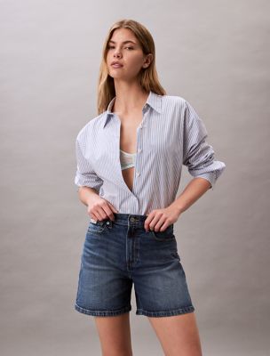 High Rise A-Line Denim Shorts, Blue Walker