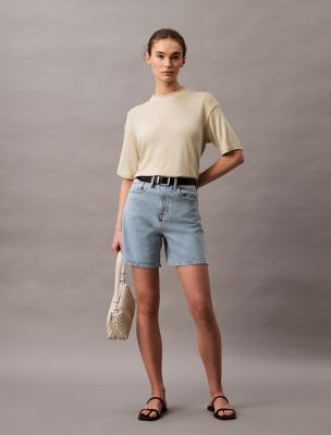High Rise A-Line Denim Shorts, Light Indigo