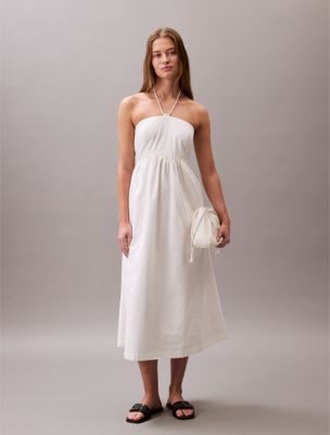Cotton Twill Halter Midi Dress, Blanc De Blanc