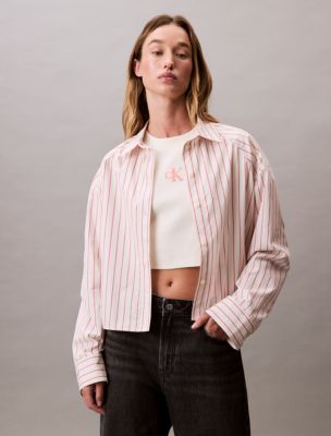 Stripe Cropped Boxy Button-Down Shirt , Chalk