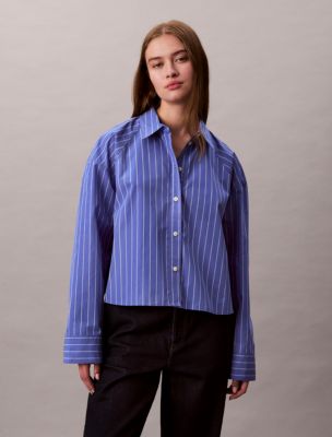 Stripe Cropped Boxy Button-Down Shirt , Amparo