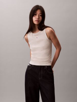 Cotton Stretch Rib Tank Top, Vanilla Heather