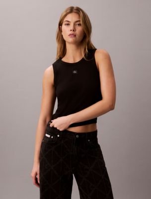 Cotton Stretch Rib Tank Top, Black
