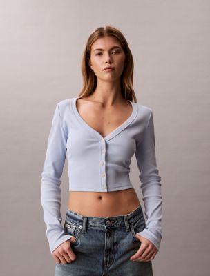 Rib Cropped Cardigan, Breezy Blue 