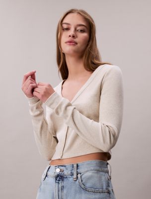 Rib Cropped Cardigan, Vanilla Heather