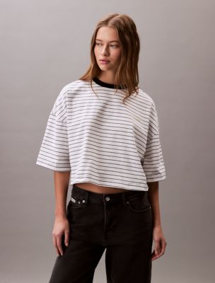 Stripe Cropped Boxy T-Shirt , Brilliant White / Black