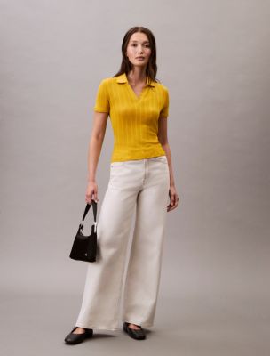 Pointelle Slim Polo Shirt , Lemon Amber