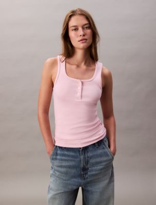 Cotton Contour Rib Henley Tank Top, Sweet Pink