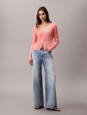 Shiny Viscose Ribbed Cardigan, Powder Orange