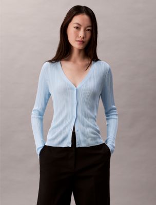 Smooth Cotton Rib Sweater Cardigan, Cool Blue