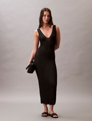 Viscose Ribbed Midi Dress, Black