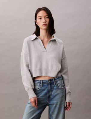 Smooth Cotton Polo Sweater, Medium Grey Heather